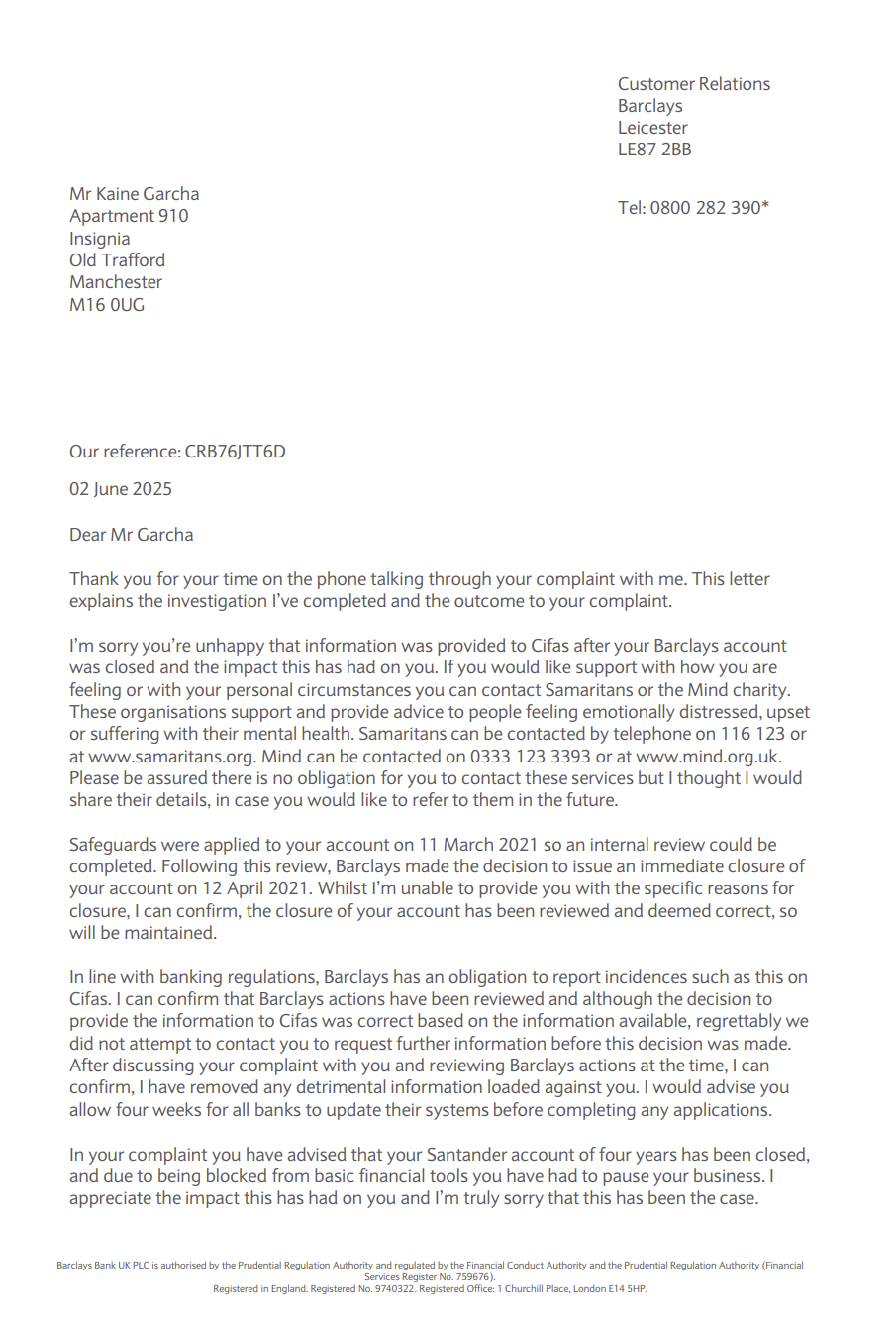 Barclays CIFAS marker removal confirmation