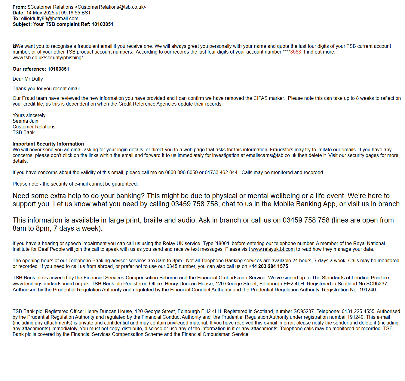 TSB Bank CIFAS marker removal confirmation